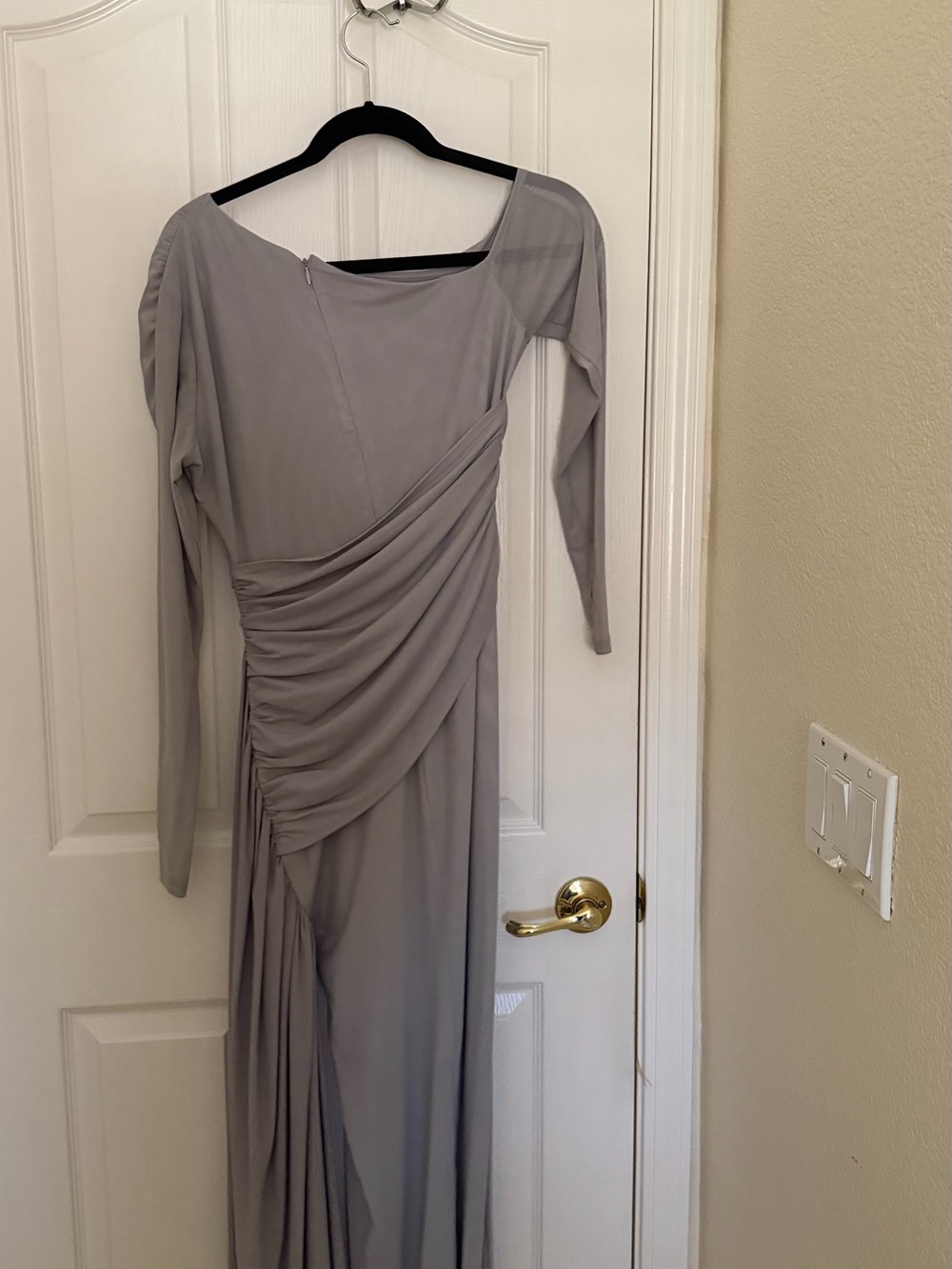 Slate Gray Long-Sleeve Ruched Evening Gown